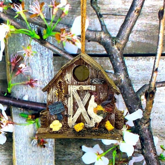 Vintage Rustic Country Barn Birdhouse with Rooster and Chicks Resin Home Garden - Picture 3 of 11